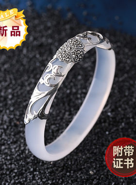 玉手镯女正品复古纯银玉镯子饰品
