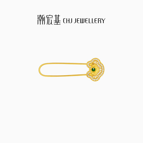 潮宏基如意臻锁足金钻石翡翠别针黄金胸针新中式国潮高奢礼物女