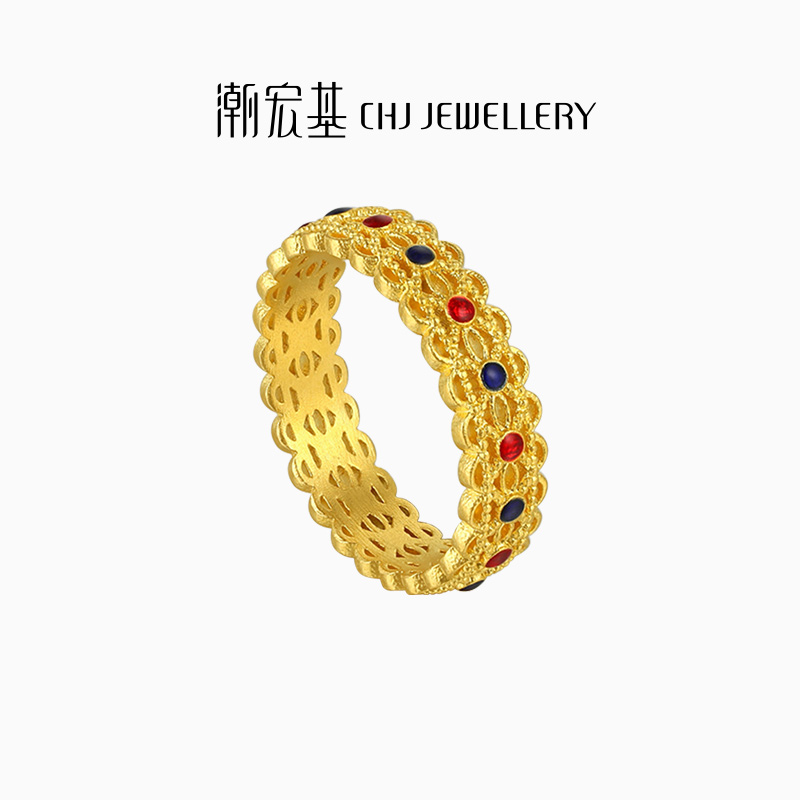 潮宏基臻金十二颜黄金戒指足金戒圈手饰古法金珐琅宫廷复古礼物卟