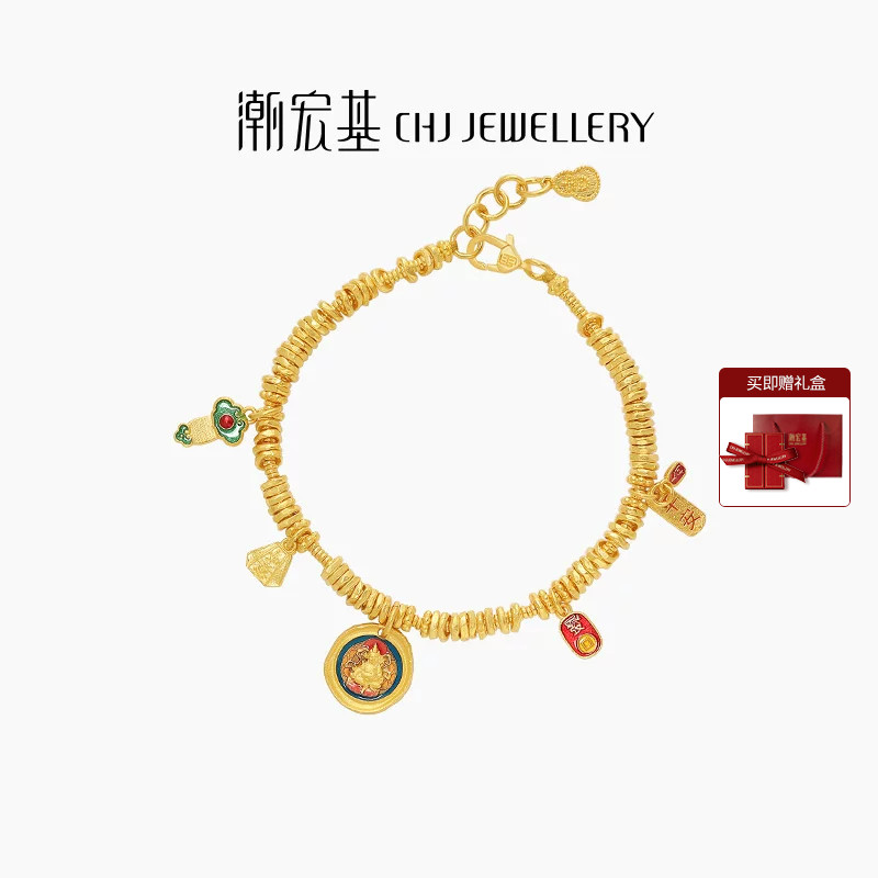 潮宏基臻金珍藏黄财神黄金手链足金盘缠金古法珐琅串珠女送礼 卟