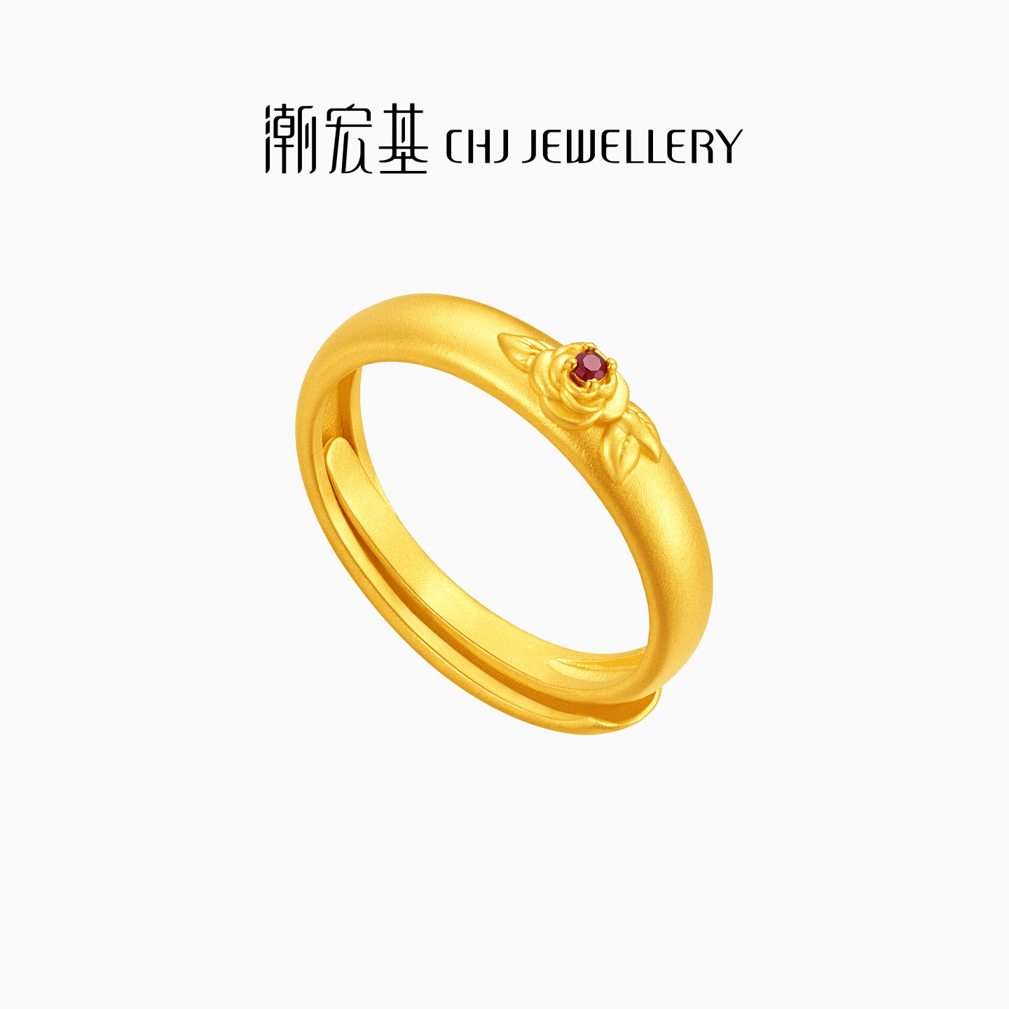 潮宏基花韵足金红宝石戒指黄金古法活口复古南洋风玫瑰花阿嫲女戒