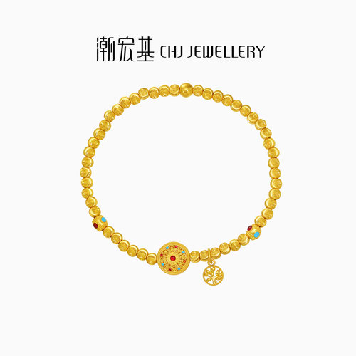 潮宏基臻金八宝罗盘黄金手链足金手串古法鎏彩新中式礼物猫眼珠卟