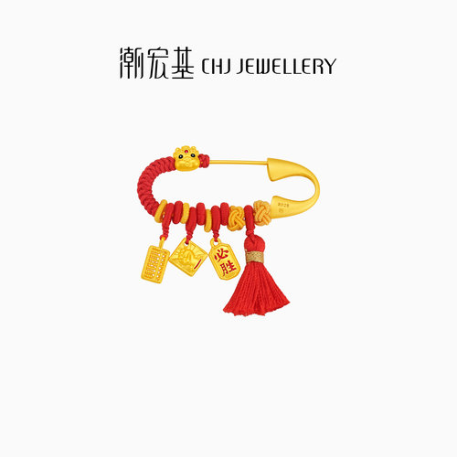 潮宏基好事发生宝护貔貅宝宝黄金串珠银别针胸针足金5D硬金满月