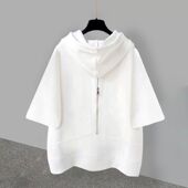 2025新款 t恤 潮流拉链设计纯色宽松短袖 港风连帽五分半袖 男ins韩版