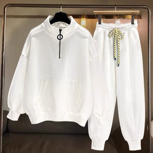 男装 潮流休闲长袖 上衣搭配宽松 男秋季 潮牌半高领拉链纯色卫衣套装