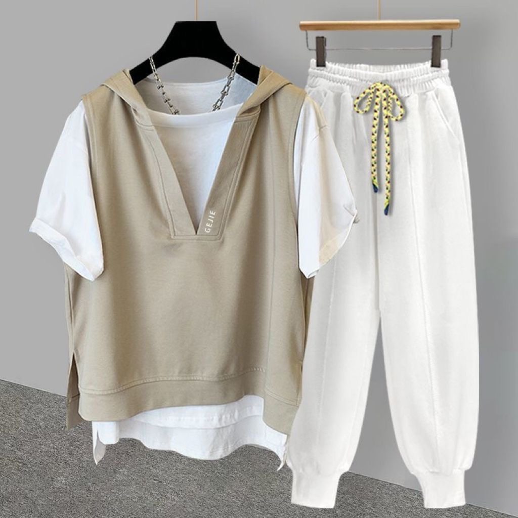 假两件连帽刺绣短袖t恤男夏季ins风潮流百搭学生情侣宽松半袖套装