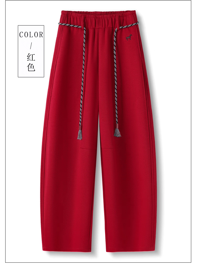 2026春季新款红色高腰弯刀裤女宽松显瘦垂感抽绳休闲裤子加绒保暖,女装/女士精品,卫裤,淘宝优惠券,粉丝福利购,淘宝优惠卷