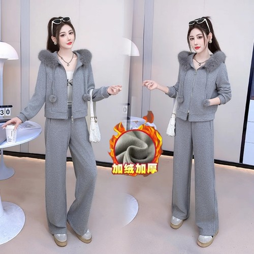 毛领卫衣套装女2025冬装新款休闲运动加绒加厚小个子弯刀裤两件套