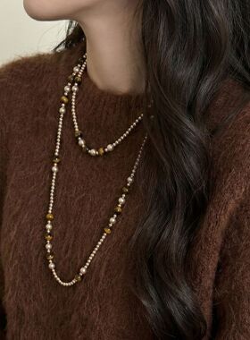 秋冬美拉德虎眼石珍珠串珠项链女轻奢小众设计感叠戴毛衣链配饰品
