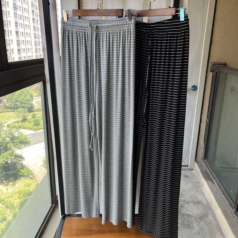 舒适感高腰条纹长裤阔腿裤