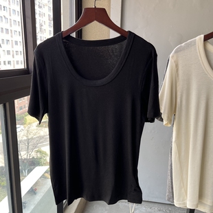 白领风气质天丝羊毛U领短袖T恤女夏季薄款纯色百搭休闲打底衫上衣