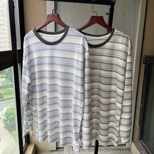 小众色调紫色条纹莱赛尔天丝圆领长袖T恤女夏松弛感百搭防晒罩衫