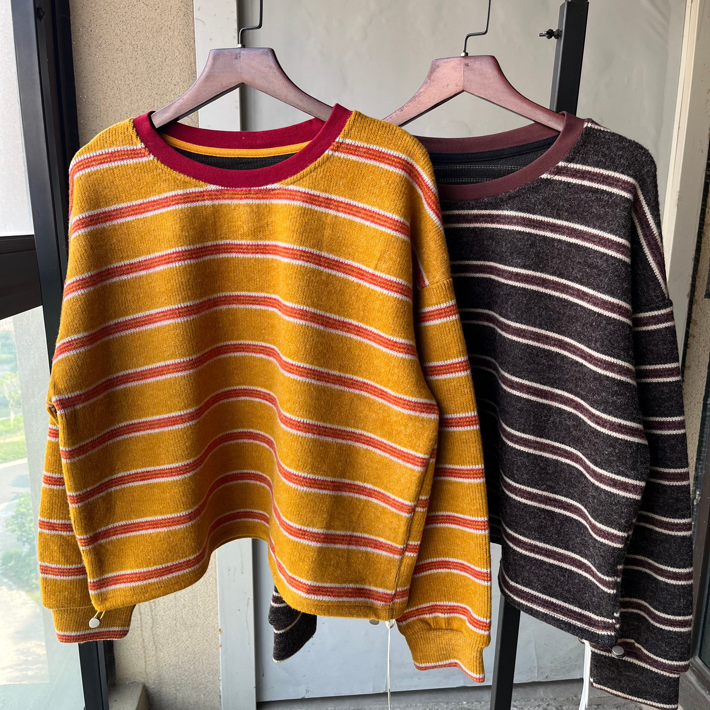 内搭外穿小众色抽绳条纹短款卫衣女秋冬加厚长袖T恤小个子上衣