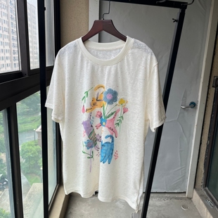 小众童趣减龄花朵猫咪印花彩点短袖T恤女学生夏季松弛感彩棉上衣