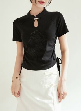 新中式国风针织刺绣上衣抽绳盘扣短袖T恤女2025新款黑色正肩显瘦