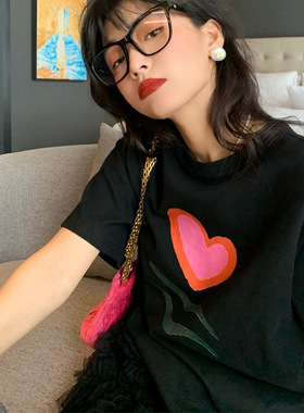 2025春夏款纯棉短袖t恤女ins潮韩国东大门宽松大码黑色半袖上衣