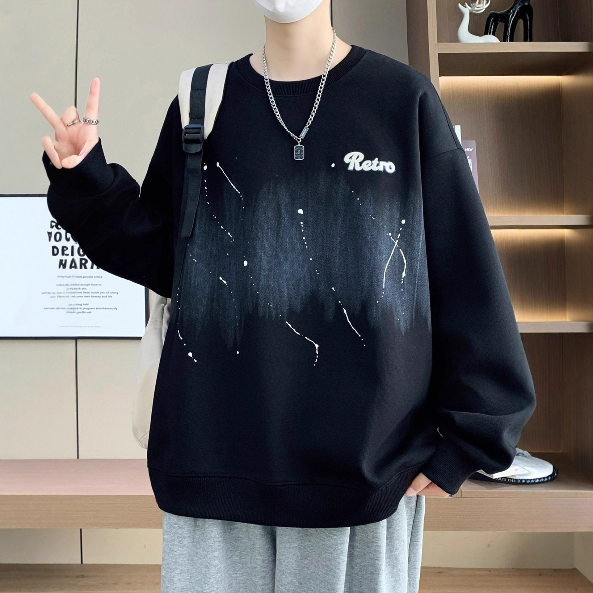 春秋季青少年圆领卫衣男孩初中高中学生潮牌帅气大童男装长袖t恤