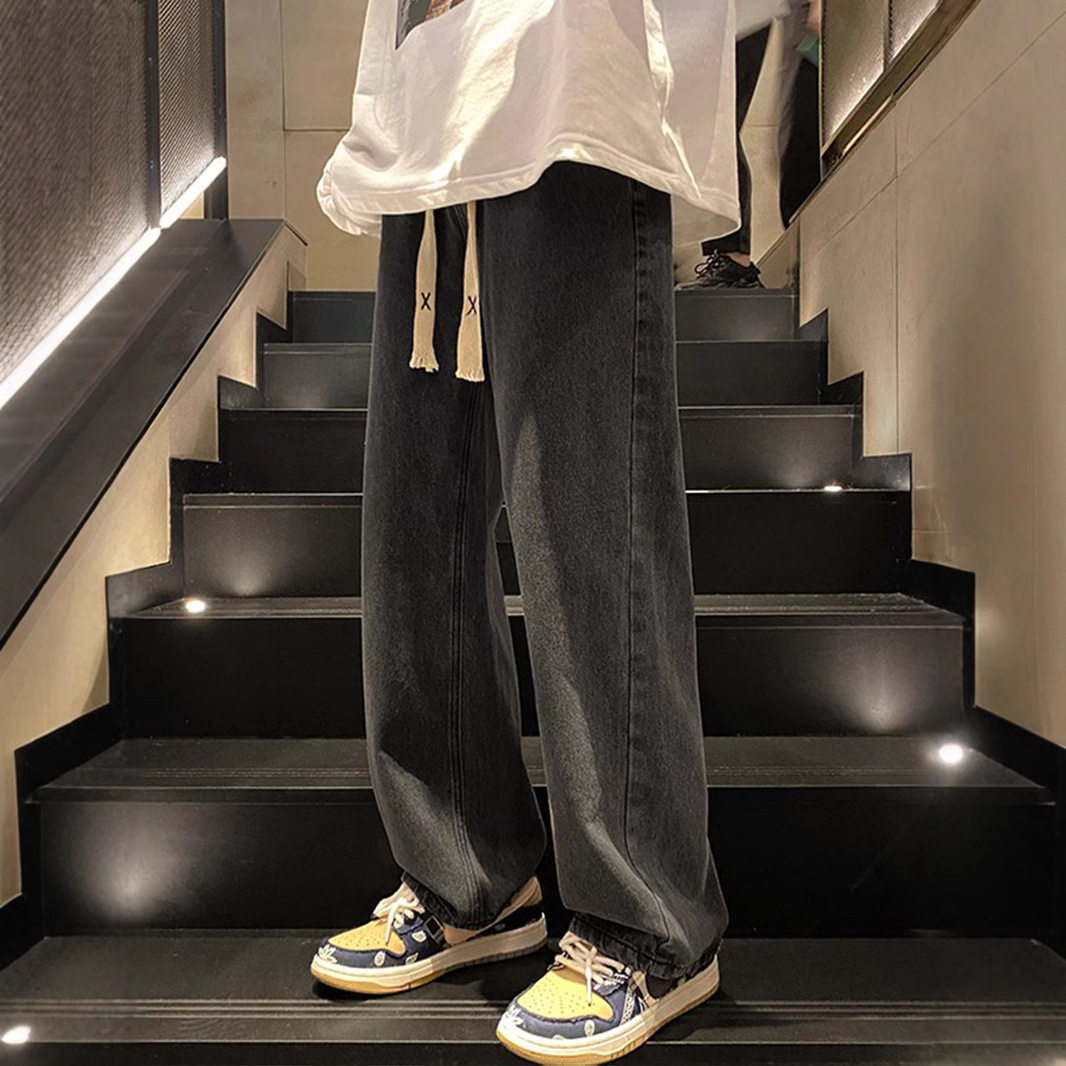 复古牛仔裤男款春秋直筒宽松大码潮牌阔腿美式加绒潮流休闲长裤子