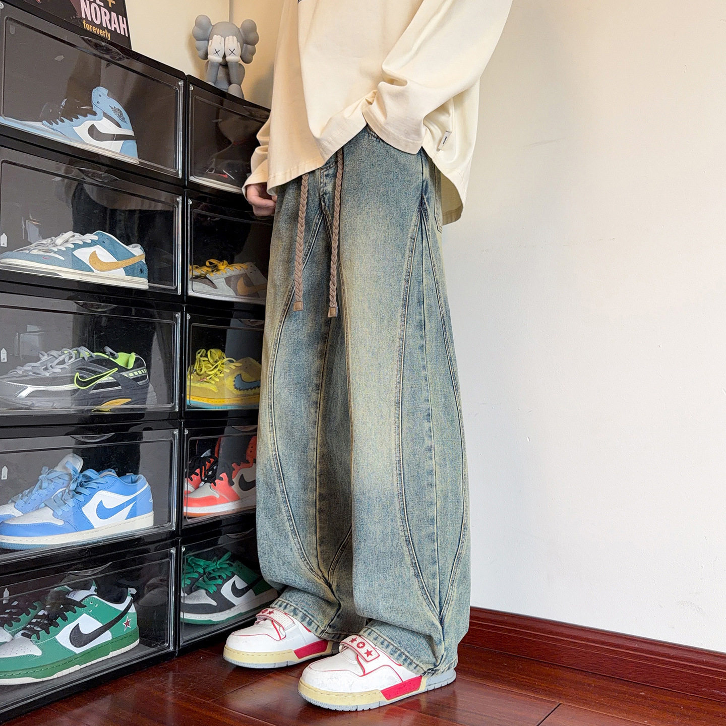 2026春款弯刀牛仔裤男青少年中学生潮流直筒裤大童宽松保暖休闲裤