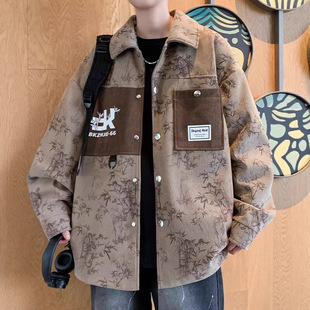 美式牛仔男生外套春秋季水洗扎染牛仔衣设计感高街重工超大码夹克