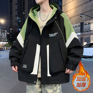 秋冬款冲锋衣外套男青少年初中高中学生帅气男装潮流加绒加厚夹克