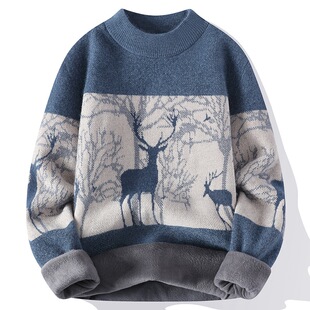 雪尼尔半高领毛衣男士冬季青少年加绒加厚打底衫高中学生保暖上衣