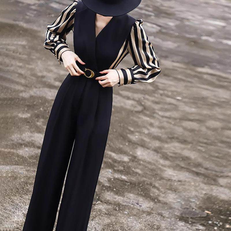 广州十三行秋季新款气质通勤阔腿裤长袖条纹拼接高腰连体裤配腰带,女装/女士精品,连体衣/裤,淘宝优惠券,粉丝福利购,淘宝优惠卷