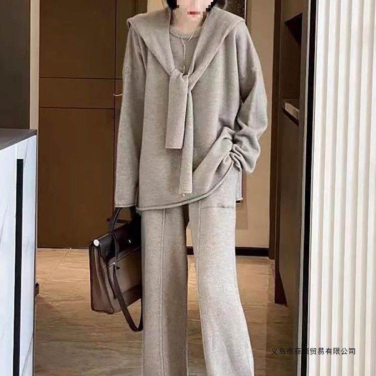 秋冬新款宽松显瘦套头针织套装女2025年直筒阔腿长裤纯色三件套潮,女装/女士精品,时尚套装,淘宝优惠券,粉丝福利购,淘宝优惠卷