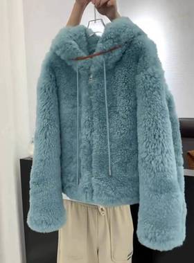 2025秋冬款女装韩系慵懒风小个子加厚连帽毛毛上衣蓝色羊羔毛外套