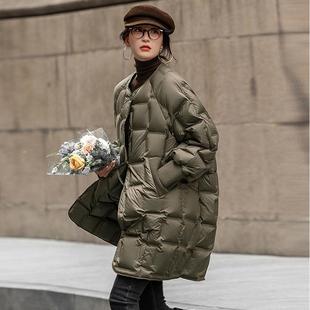 三星90白鸭绒中长款羽绒服女2025冬季高级感压胶保暖安心绒面包服