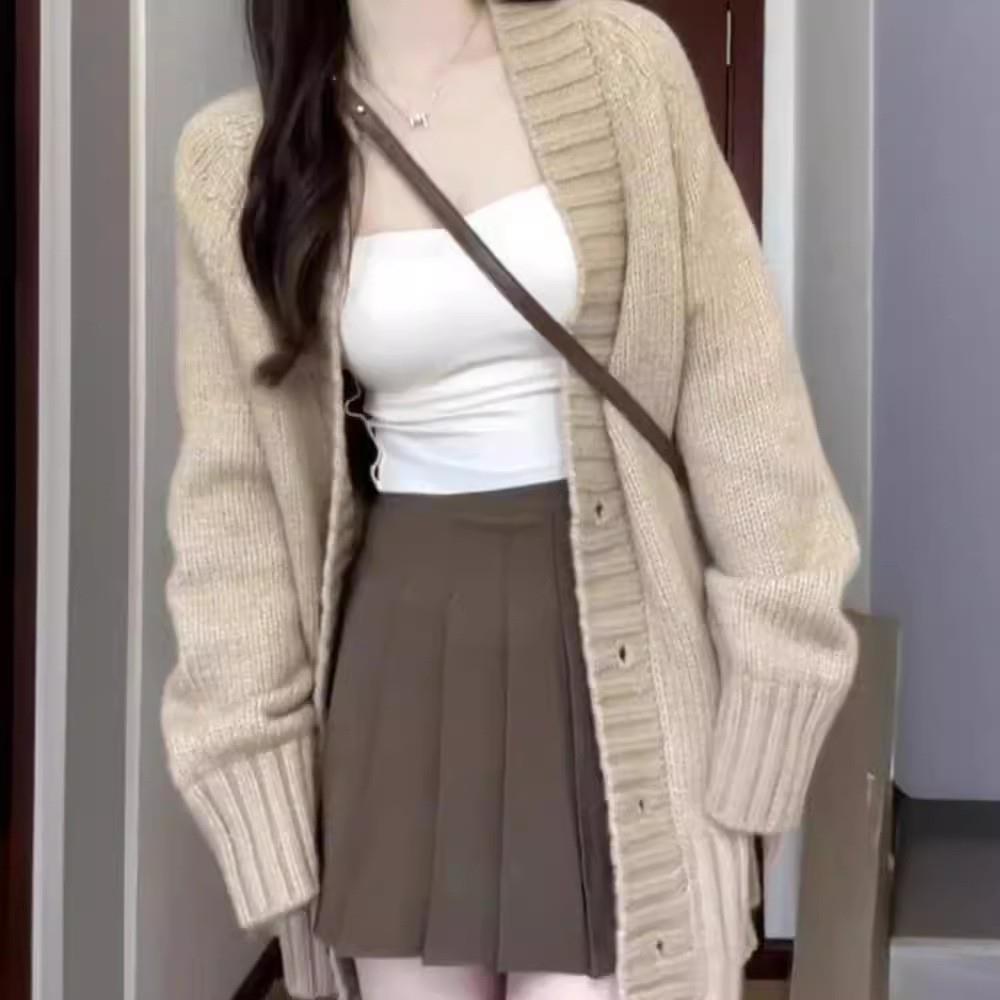 欧美复古宽松V领针织开衫女2025秋冬季新款外穿中长款毛衣外套潮