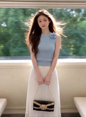 2026流行夏日穿搭一整套小个子独特漂亮蓝色上衣半身裙两件套装女