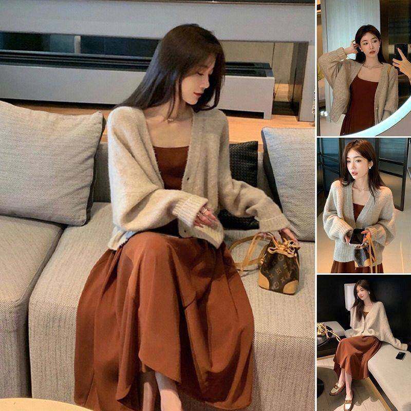 茶系穿搭成熟御姐法式桔梗小香风针织开衫吊带连衣裙子两件套装女,女装/女士精品,连衣裙,淘宝优惠券,粉丝福利购,淘宝优惠卷