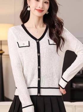 实拍！小香风感修身显瘦针织小衫女开衫气质奶黄色名媛轻奢