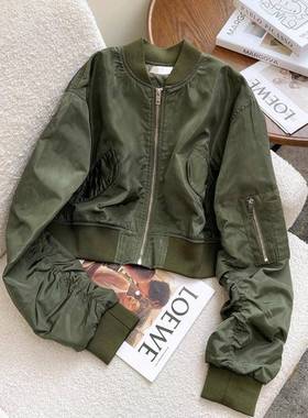 军绿色复古拉链飞行夹克女韩国棒球服外套立领上衣时尚2025春秋