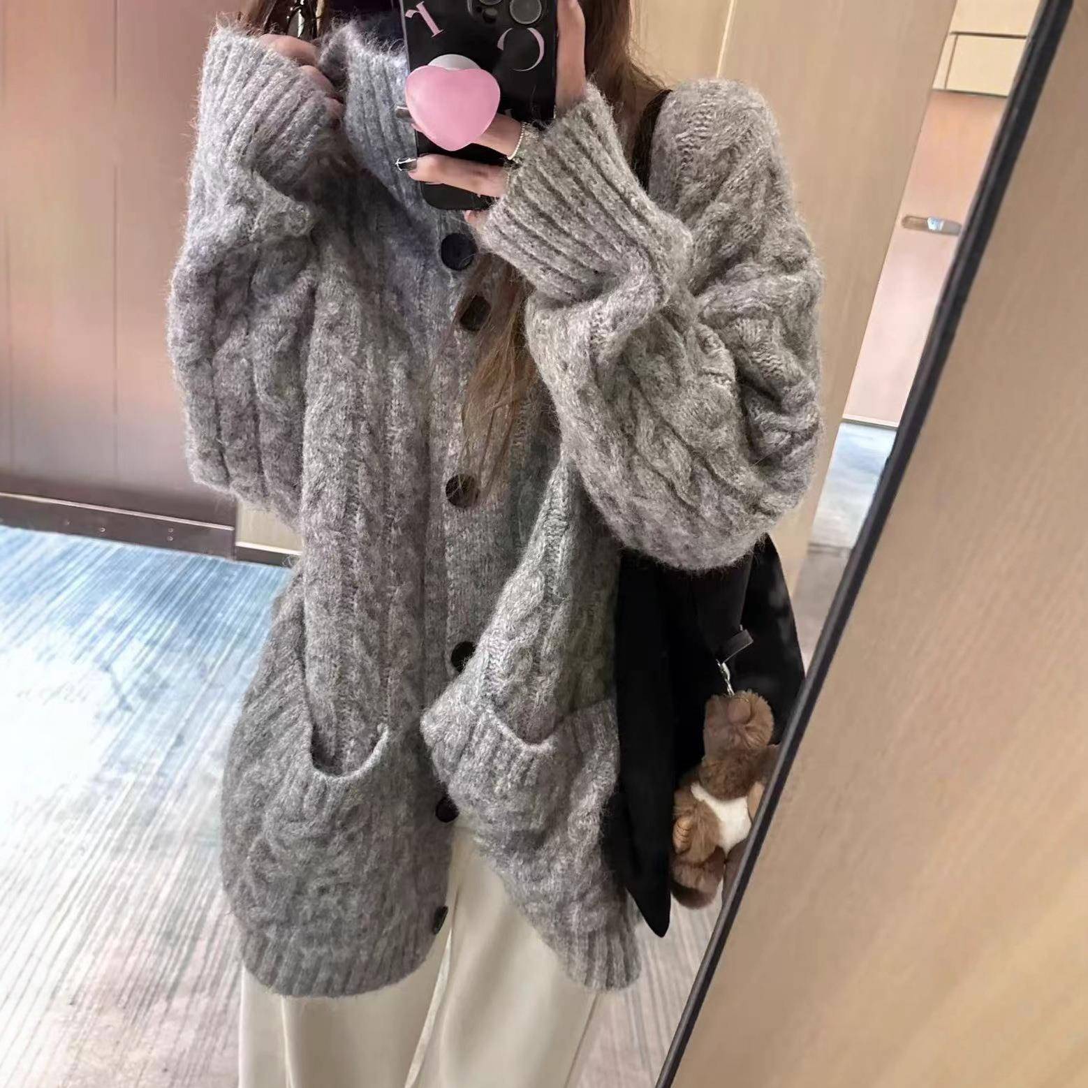 韩版宽松慵懒风高领针织开衫女秋冬新款软糯复古休闲麻花毛衣外套