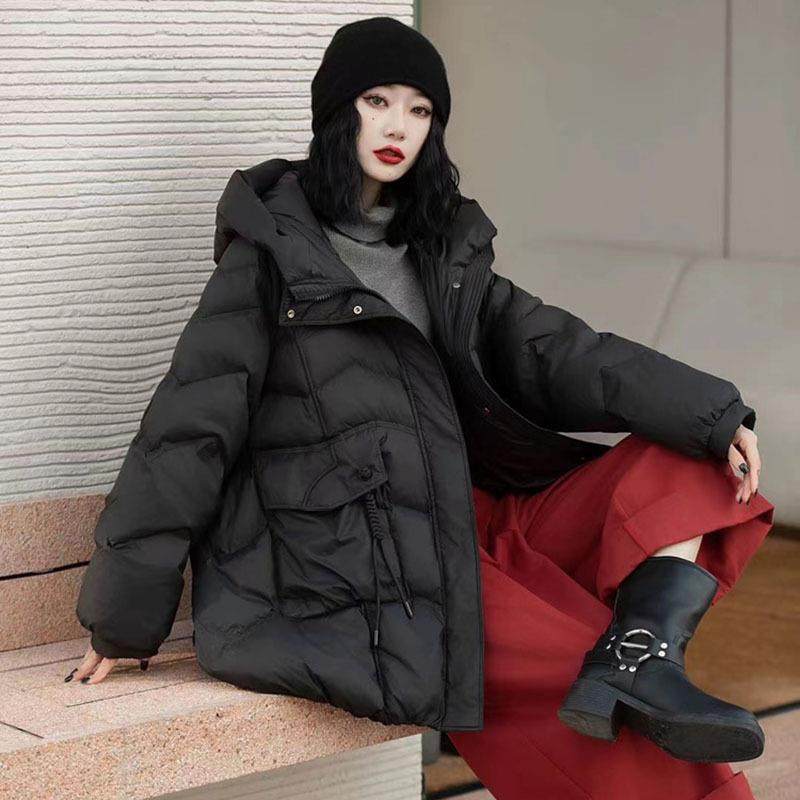 新中式茧型连帽羽绒服女2025冬复古麻花保暖白鸭绒妈妈款休闲外套