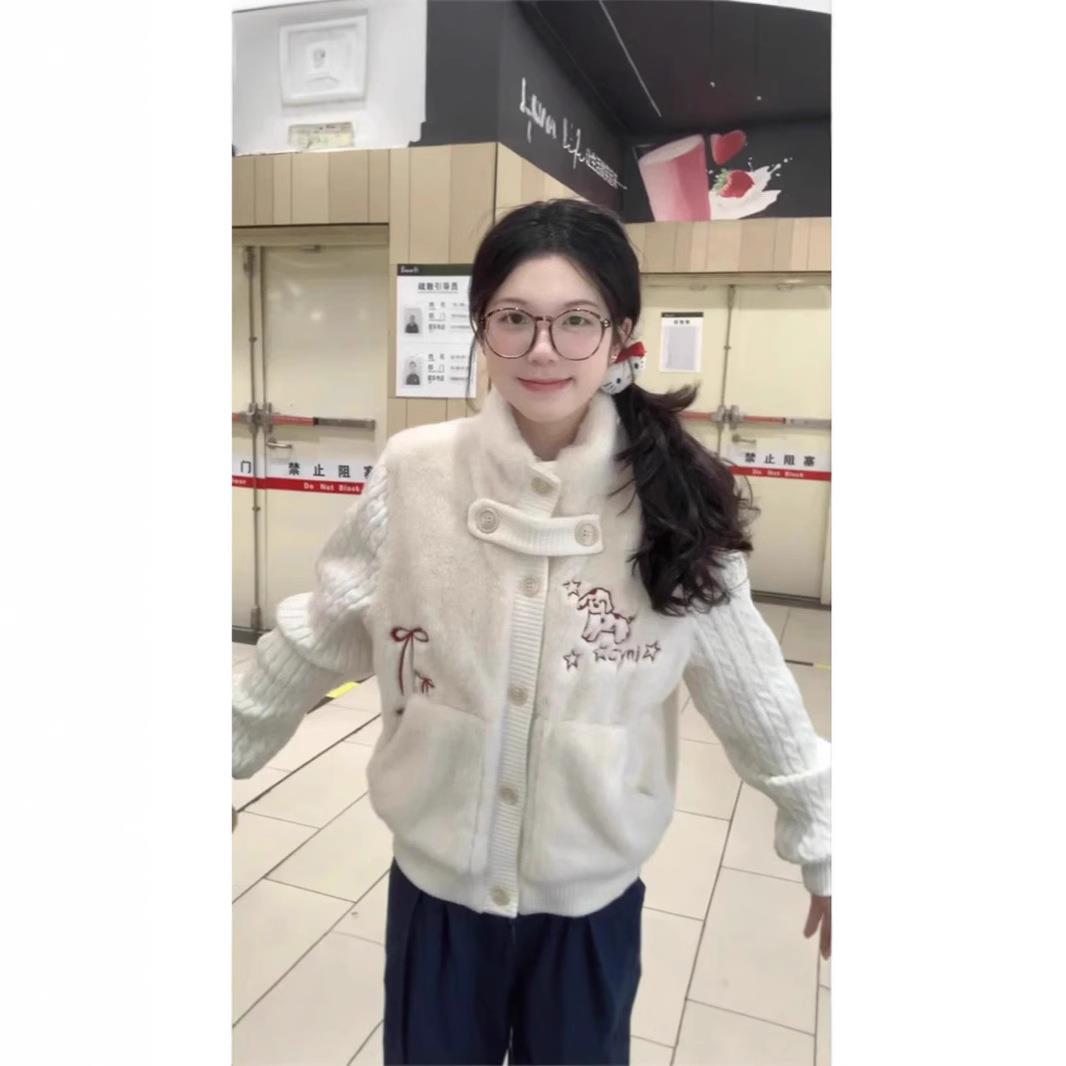 小清新甜美针织拼接兔毛外套上衣夹棉开衫加绒加厚2025冬软糯温柔