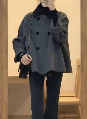 灰色短款呢子大衣女秋冬娃娃领复古加厚小个子韩系赫本风毛呢外套