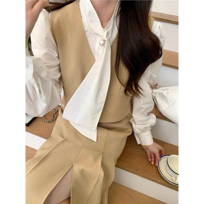 JeJuna炸鸡欧尼 漫步首尔 气质V领马甲背心长款开叉半裙韩系套装,男装,常规马甲,淘宝优惠券,粉丝福利购,淘宝优惠卷