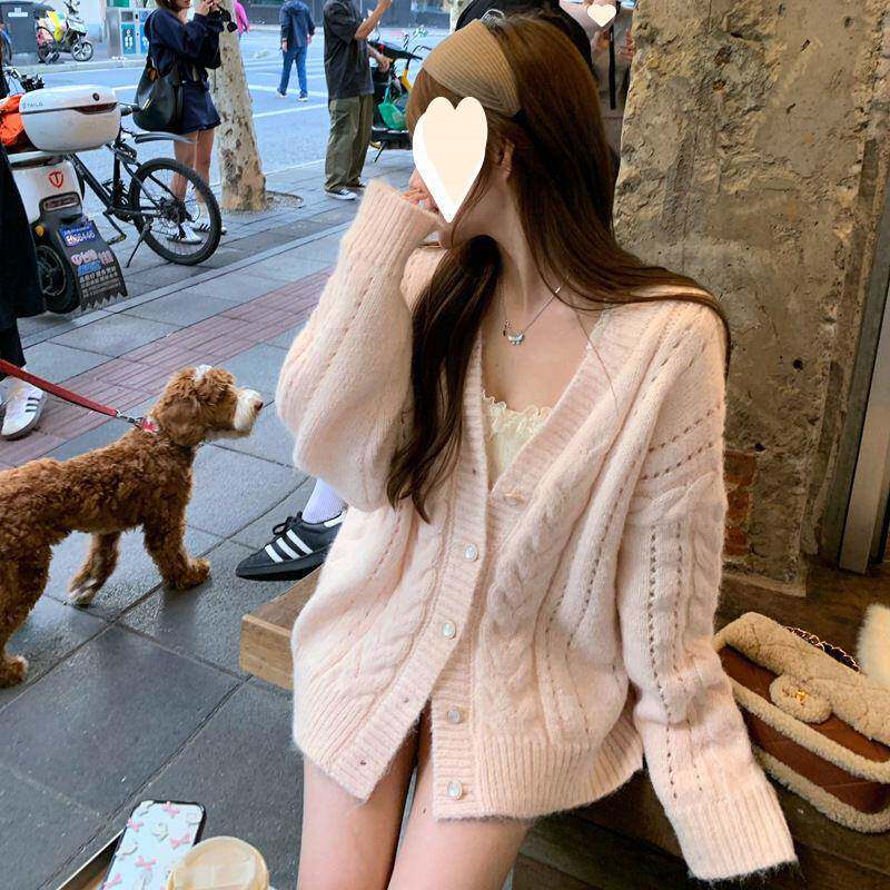 粉色麻花毛衣开衫外套女秋冬宽松慵懒针织上衣