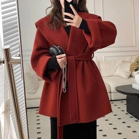 红色双面羊毛大衣女2025秋冬新款斗篷系带新年圣诞战袍毛呢外套,女装/女士精品,大码呢大衣,淘宝优惠券,粉丝福利购,淘宝优惠卷