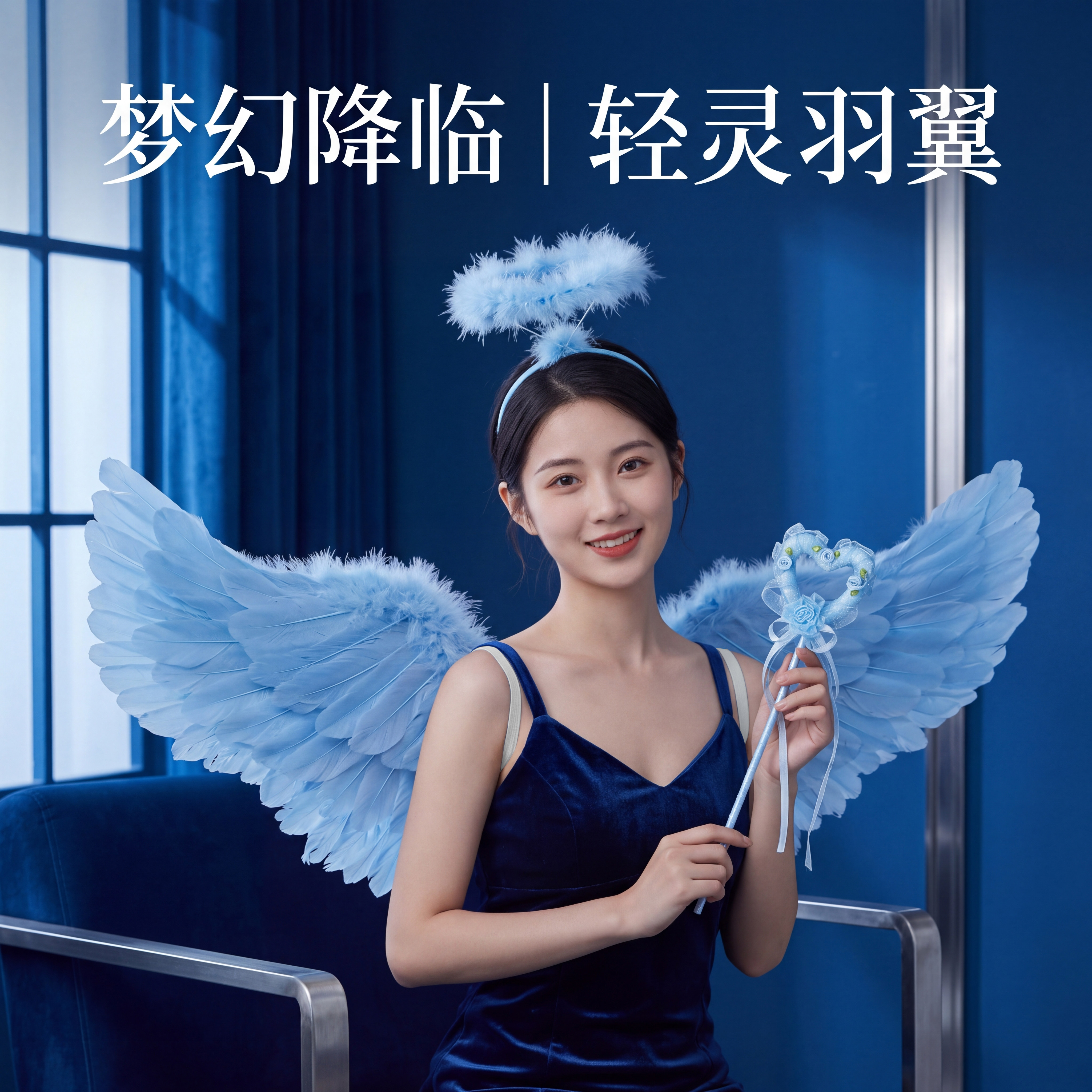 蓝色天使羽毛翅膀套装网红氛围