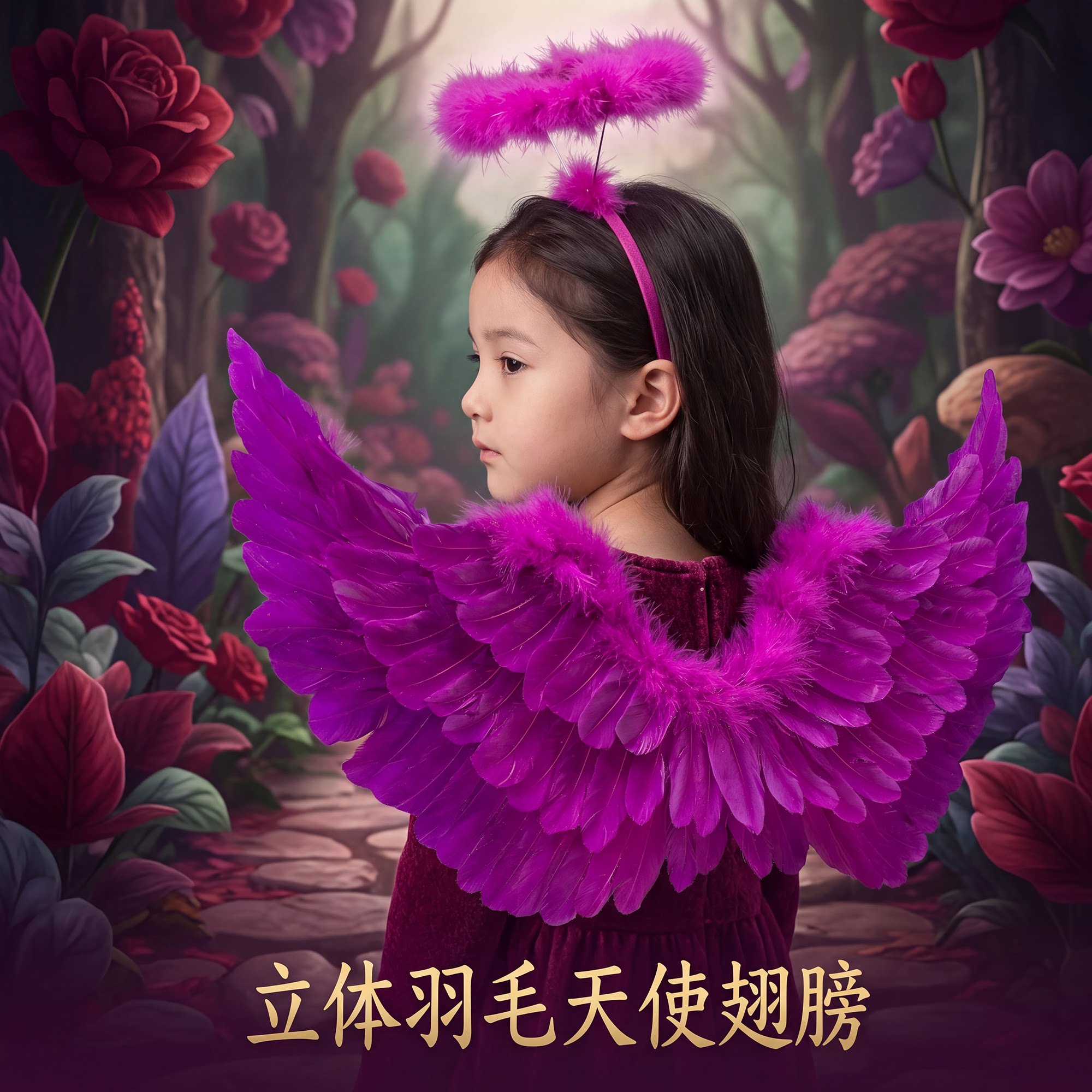 玫红立体羽毛天使翅膀配光环发箍