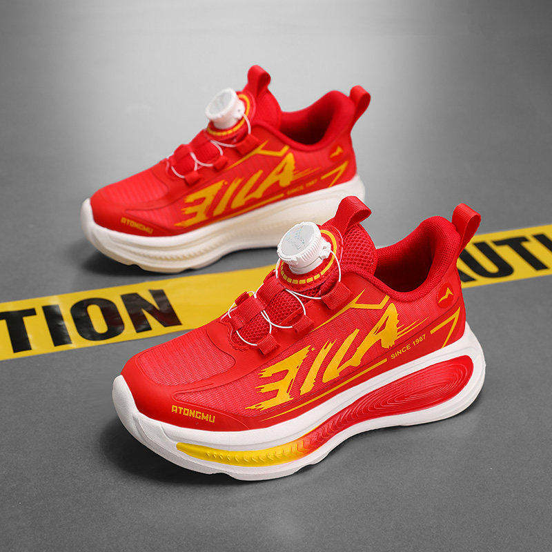 儿童运动鞋男童鞋旋钮扣网面透气跑步鞋春款中大童轻便减震中国红