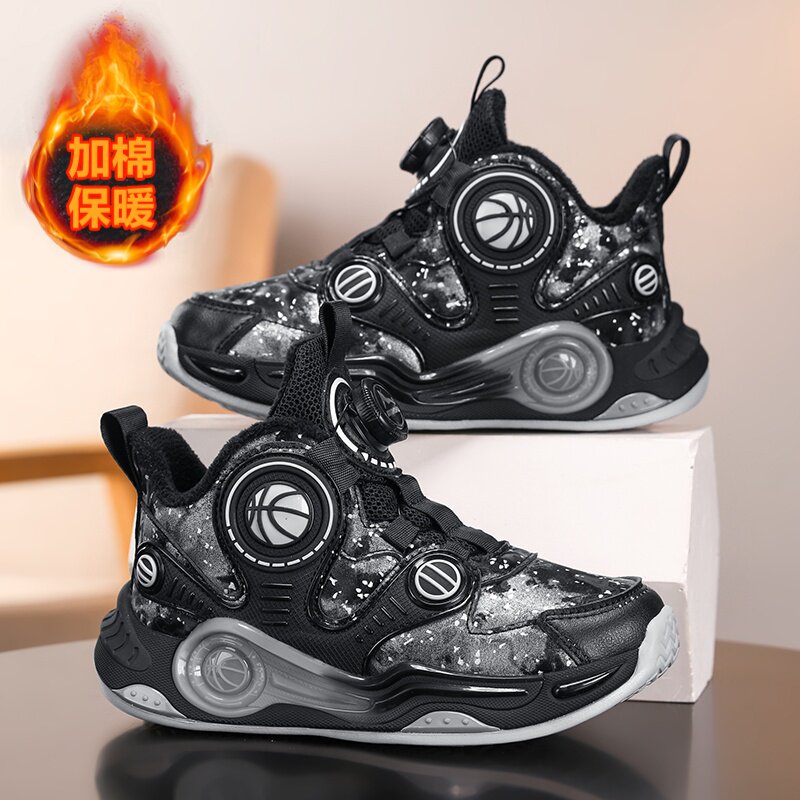 儿童篮球鞋2026新款秋冬季皮面防水二棉加绒中大童男孩运动鞋黑色