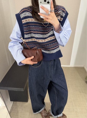 se26春！费尔岛背心+蓝色条纹衬衫袖~假两件叠穿~费尔岛图案毛衣