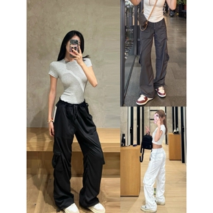 裤 速干降落伞裤 竖条暗纹口袋直筒工装 女团裤 无中生有显翘臀