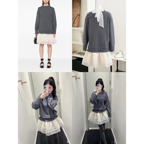 巨折！M家~拼接欧根纱裙摆！后背开衩绑带微露背~仙仙的毛衣裙