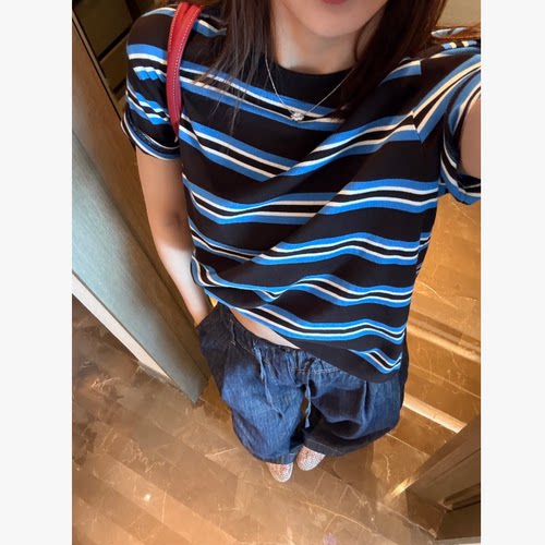 cs高支棉版！乌木棕蓝条纹~巨显白！调皮小男孩风正肩短袖T恤tee